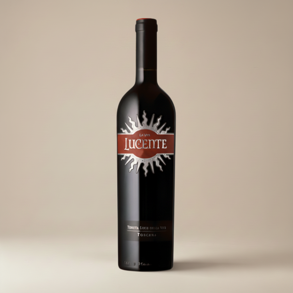Luce Lucente wine bottle in a clean premium studio setting