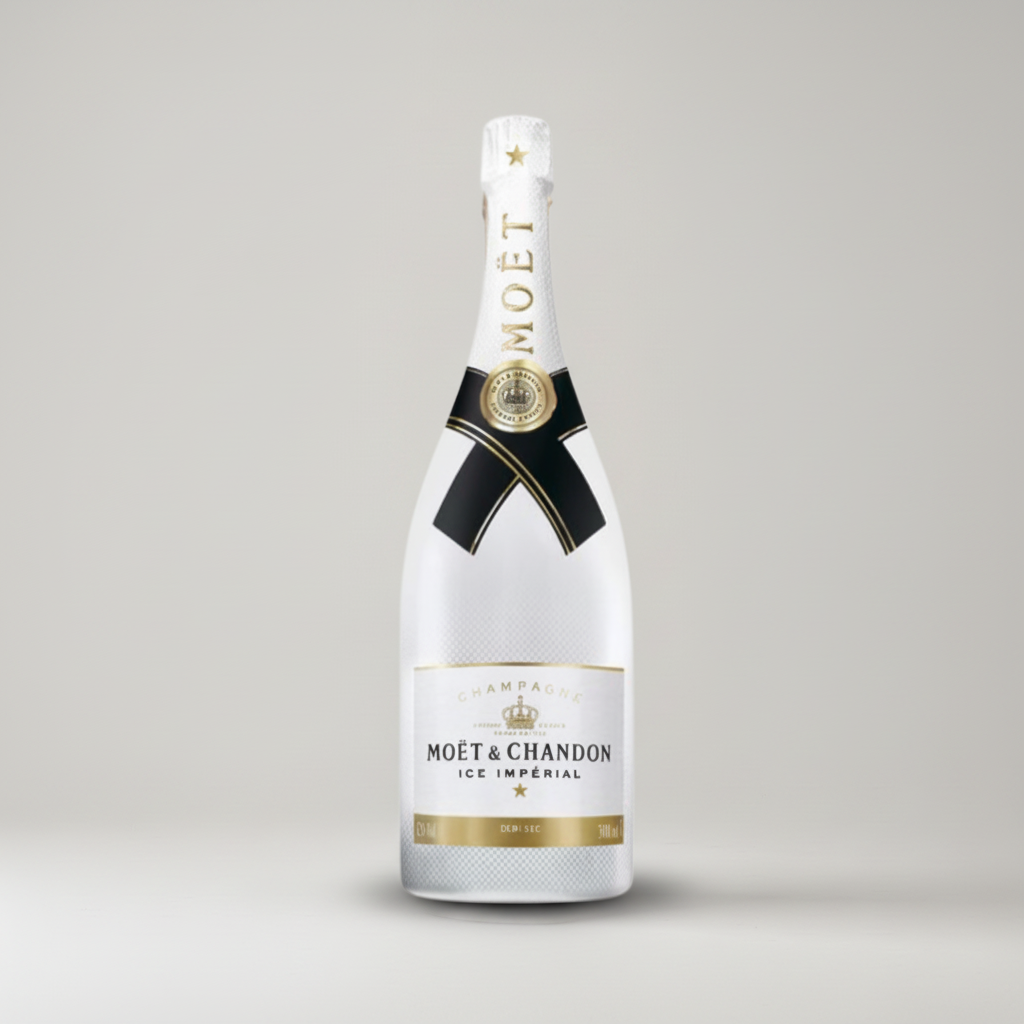 Moët &amp; Chandon Ice Impérial champagne bottle in a clean premium studio setting