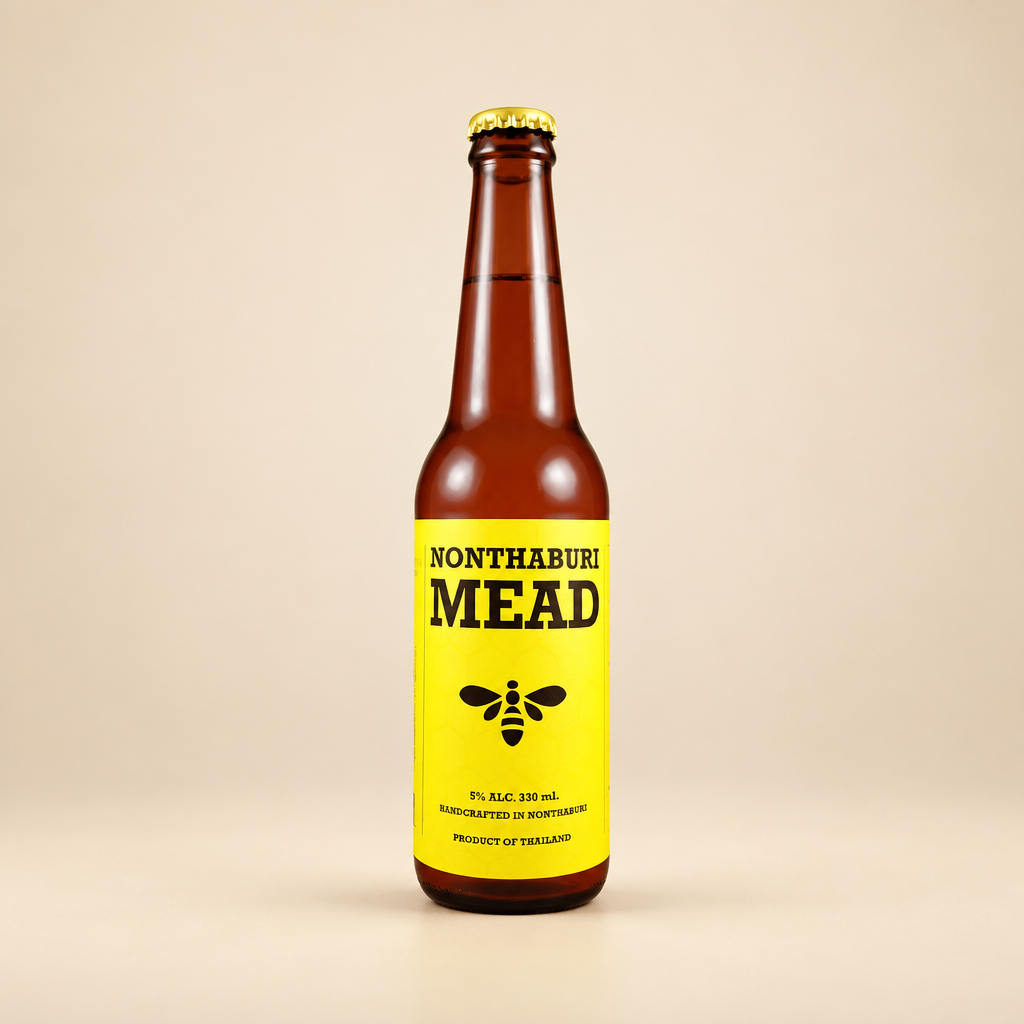 Nonthaburi Mead bottle on a warm beige studio background