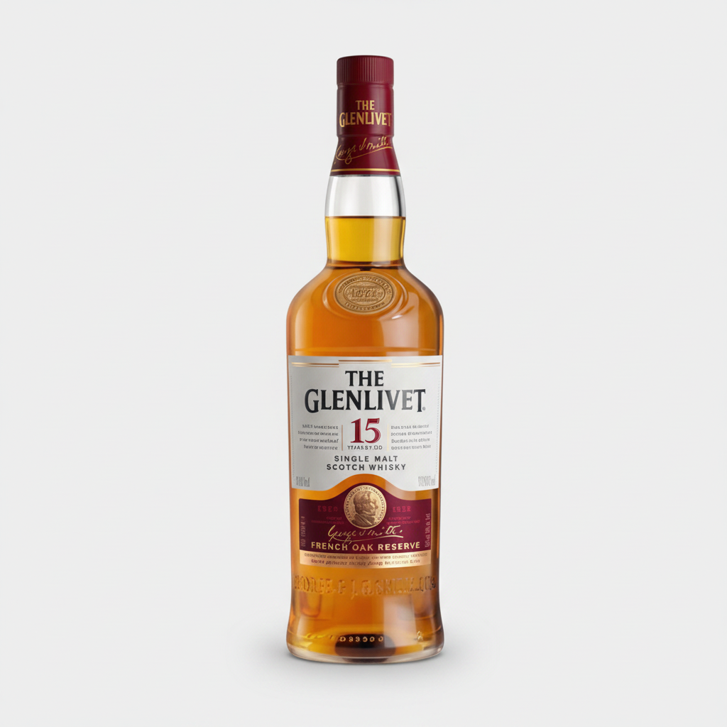 The Glenlivet 15 Year Old whisky bottle in a clean premium studio setting